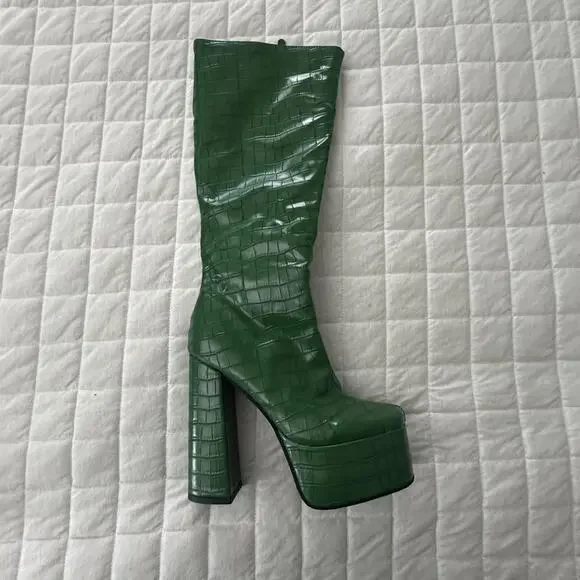 JINGPIN Womens Platform Boots 36 Green Faux Crocodile High Block Heel US 6 Glam - Picture 5 of 16
